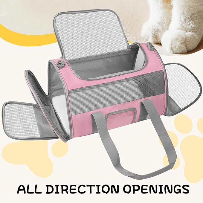 Soft-Sided Cat Carrier for Pets Up to 15lbs, Airline Approved Under-Seat Travel Carrier, 17 Inch TSA Approved with Collapsible Bowl, Breathable Mesh & Removable Pad, Pink-Grey