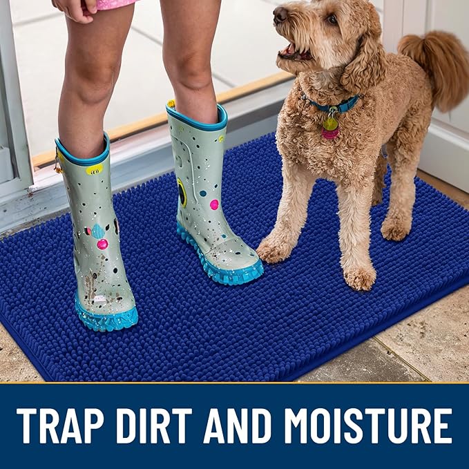 Smiry Dog Door Mat for Muddy Paws 48x30, Absorbs Moisture and Dirt Doormat, Non-Slip Washable Quick Dry Chenille Front Door Mat Indoor Entrance, Entryway Carpet for Inside Floor, Royal Blue