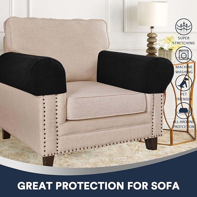 Stretch Sofa Arm Covers Spandex Jacquard Anti-Slip Couch Armrest Protector for Sofa Couch Chair Recliner, Set of 2, Black