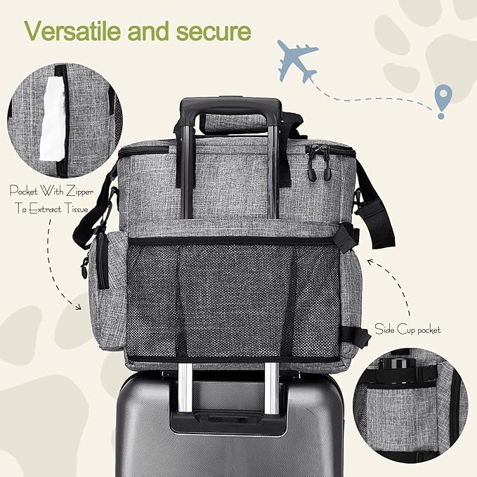 LARIPOP Dog Travel Bag,Weekend Pet Travel Bag Set,Airline Approved Tote,Multi-Function Dog Bags for Traveling,Include 2 Collapsible Bowls,2 Food Storage Containers,1 Feeding Mat,Gray