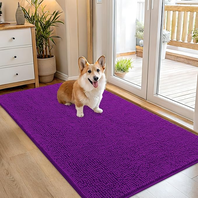 OLANLY Dog Door Mat for Muddy Paws 54x32, Absorbs Moisture and Dirt, Absorbent Non-Slip Washable Doormat, Quick Dry Chenille Mud Mat for Dogs, Entry Indoor Entryway Carpet for Inside Floor, Purple