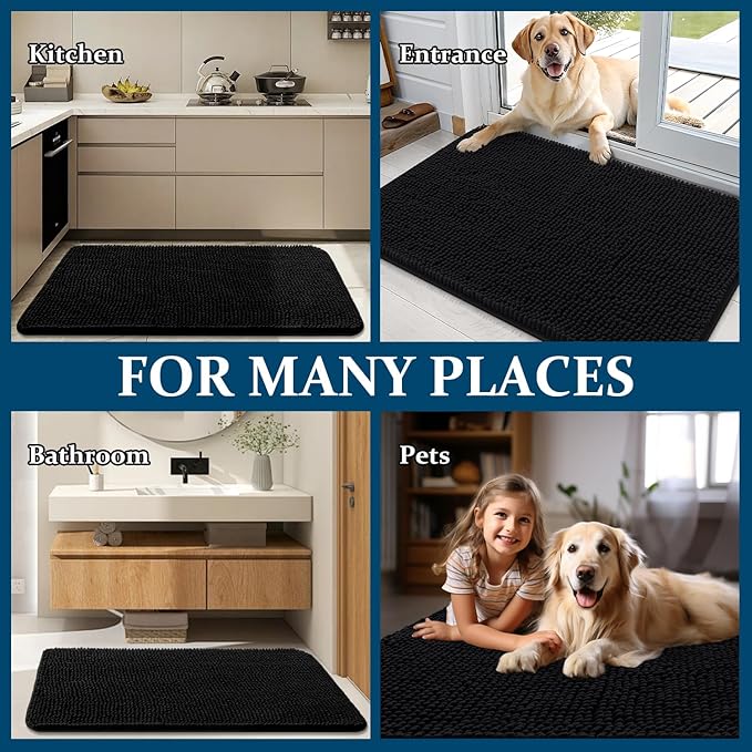 OLANLY Dog Door Mat for Muddy Paws 47x32, Absorbs Moisture and Dirt, Absorbent Non-Slip Washable Doormat, Quick Dry Chenille Mud Mat for Dogs, Entry Indoor Entryway Carpet for Inside Floor, Black