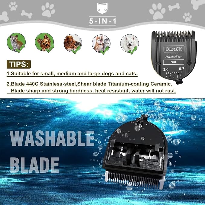 Audoc Adjustable 5 in 1 Blades Dog Grooming Blades Compatible with Wahl Animal Clipper Arco, Bravura, Chromado, Creativa, Figura, and Motion Pet, Dog, and Horse (BLACK/3PC)