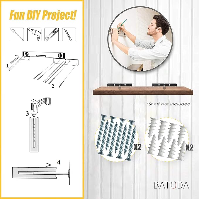 BATODA - 8" Floating Shelf Bracket Heavy Duty (6 pcs) –Solid Steel Blind Shelf Supports - Hidden Brackets for Floating Wood Shelves - Blind Shelf Support - Shelving Mounting Hardware Included (Pack 6)