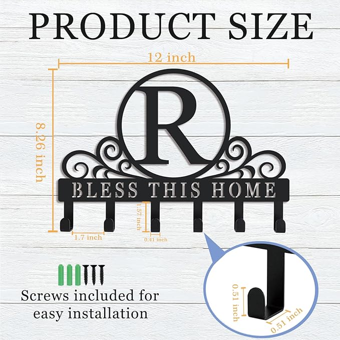 Metal Letter R Key Holder for Wall, Monogram Coat Rack Wall Mount, Key Hooks Perfect for Bathroom, Living Room, Kitchen, Office Ideal Wedding, Anniversary, Housewarming Gift (R)
