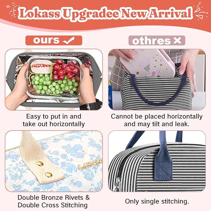Lunch Bag Women Insulated Lunch Box Wide-Open Lunch Tote Bag Large Drinks Holder Durable Nylon Thermal Snacks Organizer for Men Adults Work Picnic Hiking Beach Fishing, Blue Flower