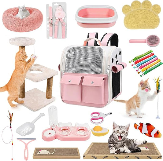 Kitten Starter Supplies Starter Kit, 20 pcs of Cat Essentials and Stuff, Including Cat Bed, Carrier, Litter Mat, Litter Box, Collar, Bowls,and Others, Perfect Choice for New Cat Owner - Pink