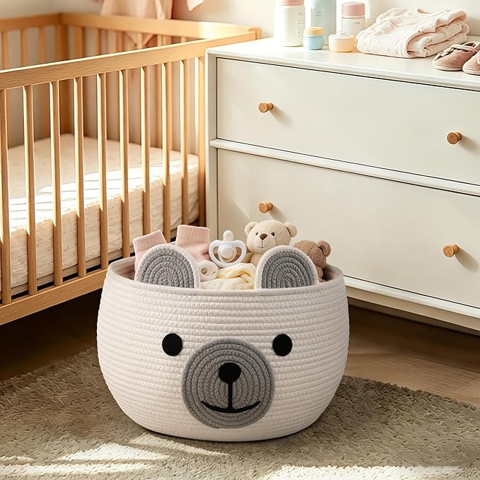 CherryNow Baby Basket for Nursery, Woven Rope Baby Shower Basket, Cute Baskets for Gifts Empty, Diaper Caddy Organizer with Handles, White, 15.7"D x 10.5"H