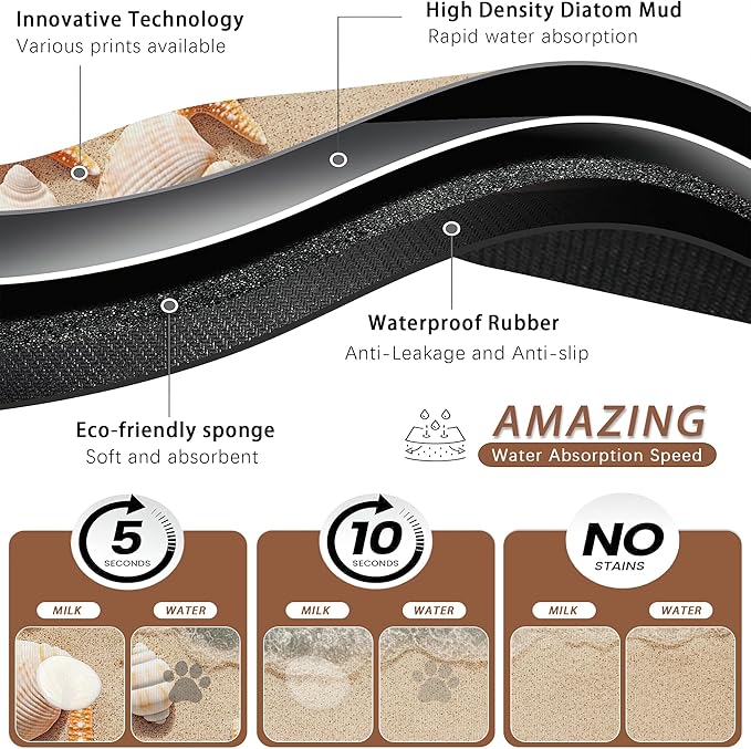 Beach Starfish Dog Food Mat for Floors,Cute Seashell Absorbent Pet Food and Water Bowl Mats,Non-Slip Pet Feeding Mat,Pet Supplies 16" x 24"