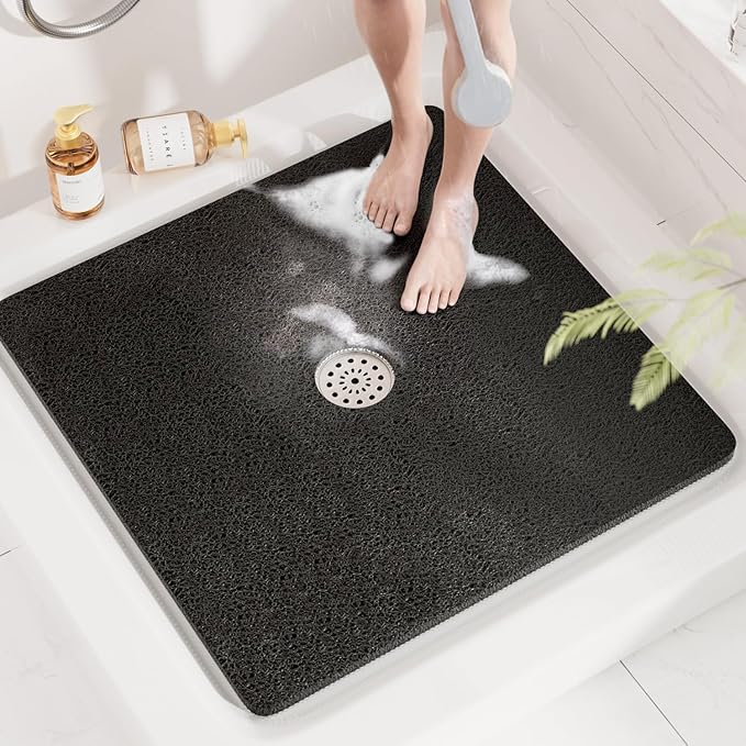 HITSLAM Square Shower Mat, 32 x 32 Inch Non Slip Bath Mat for Tub, Soft PVC Loofah Bathtub Mats with Drain Holes, Quick Drying Bathroom Stall Floor Mat, Bathroom Accessories Without Suction Cup, Black