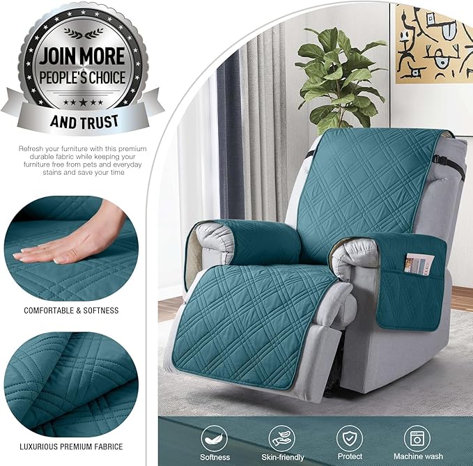 TAOCOCO 100% Waterproof Recliner Chair Covers, Non Slip Recliner Covers for Recliner Chair with Pocket, Washable Reclining Chair Cover Furniture Protector for Kids,Dogs(22'', Peacock Blue)