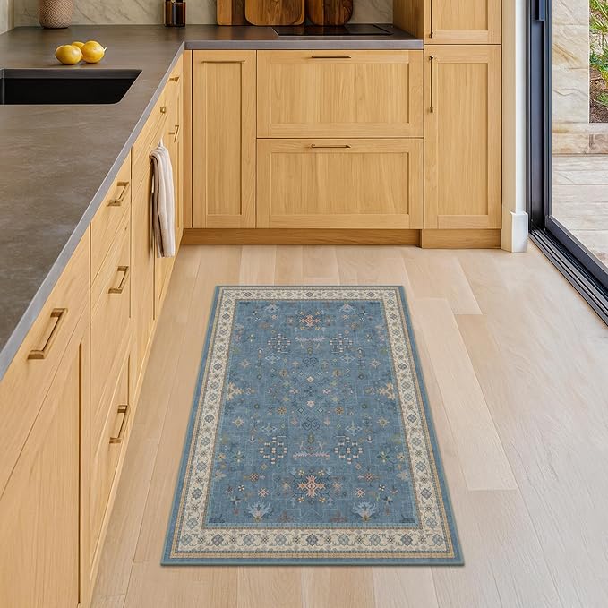 Blue 2x4 Runner Rug for Entryway Indoor, Kitchen Floor Waterproof, Bathroom, Powder Room, Washable Non Slip Low Pile Stain & Fade Resistant, Modern Eclectic Floral Decor
