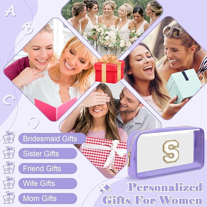 Personalized Initial Letter Clear Preppy Makeup Bag, Purple Chenille Letter Nylon Cosmetic Zipper Pouch, TSA Approved Travel Toiletry Bag, Monogram Makeup Case Gift for Women