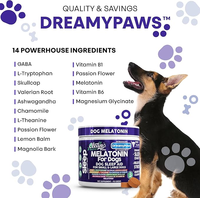 Dreamy Paws Melatonin for Dogs Dog Calming Sleep Supplement - Melatonin GABA Tryptophan Valerian Magnolia Bark Passion Flower Magnesium Ashwagandha Restful Sleep 90 Chews Beef Flavor by Clean Pets