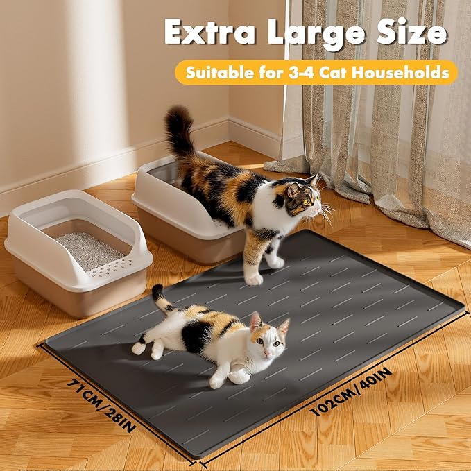 Pieviev Silicone Cat Litter Trapping Mat, 40''x28'' Extra Large Cat Litter Mat, Easy to Clean & Soft on Kitty Paws, Waterproof Kitty Litter Pads for Indoor Cats, Dark Gray