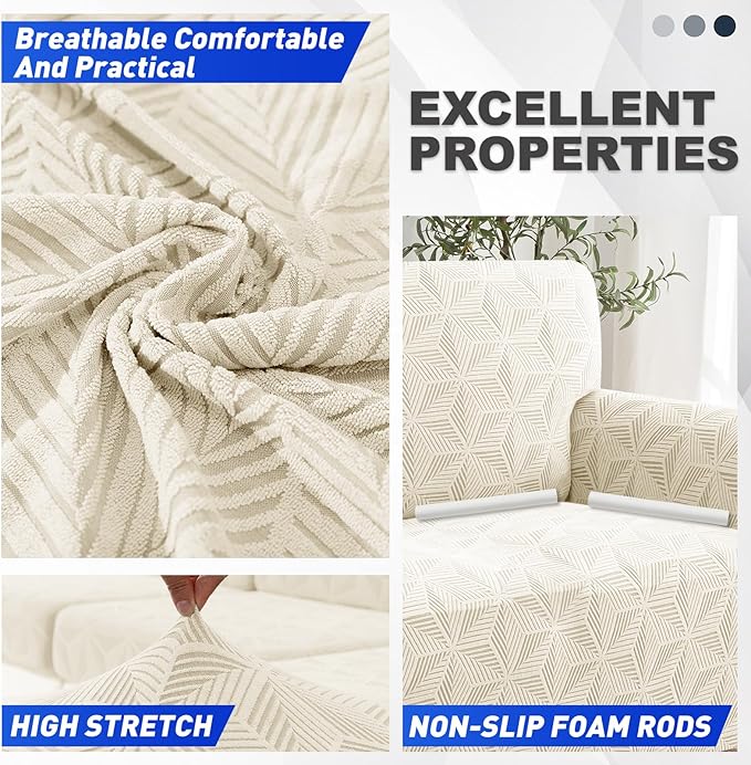 YEMYHOM 1 Piece Stretch Couch Covers for 3 Cushion Couch, Jacquard Sofa Cover with Non-Slip Elastic Bottom, Thickened Slipcover Furniture Protector for Dogs Pets (Large, Beige）