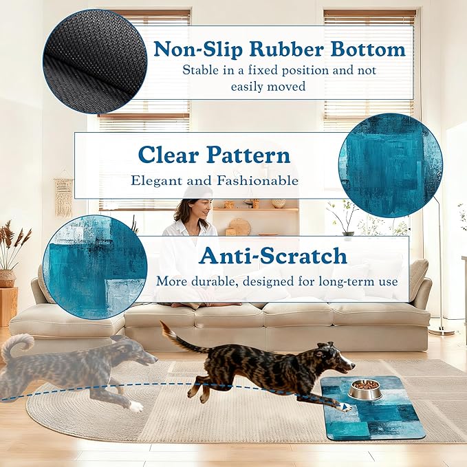 Blue Teal Dog Cat Food Mat–Absorbent Waterproof Placemat for Food and Water Bowls, Non Slip Rubber Backing, Feeding Mat for Clean Floors 12"x20"
