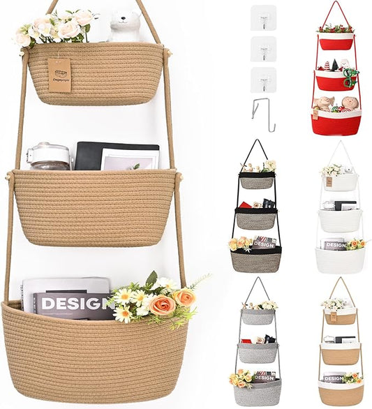 Hanging Storage Baskets, Over The Door Basket, Cotton Wall Baskets Storage, Hanging Door Basket with 4 Hooks