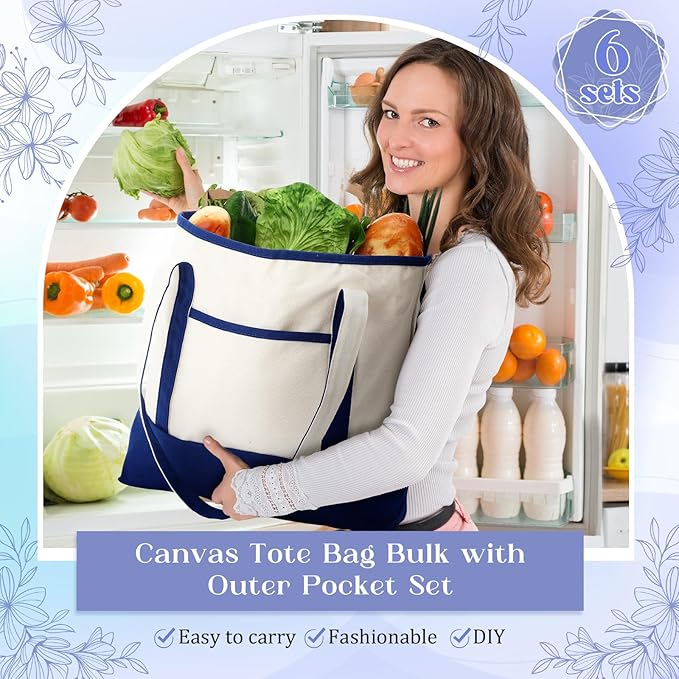 Sanwuta Canvas Tote Bags Bulk with Outer Pocket and Makeup Pouch 18'' Reusable Grocery Bags with Handles for Women Beach DIY