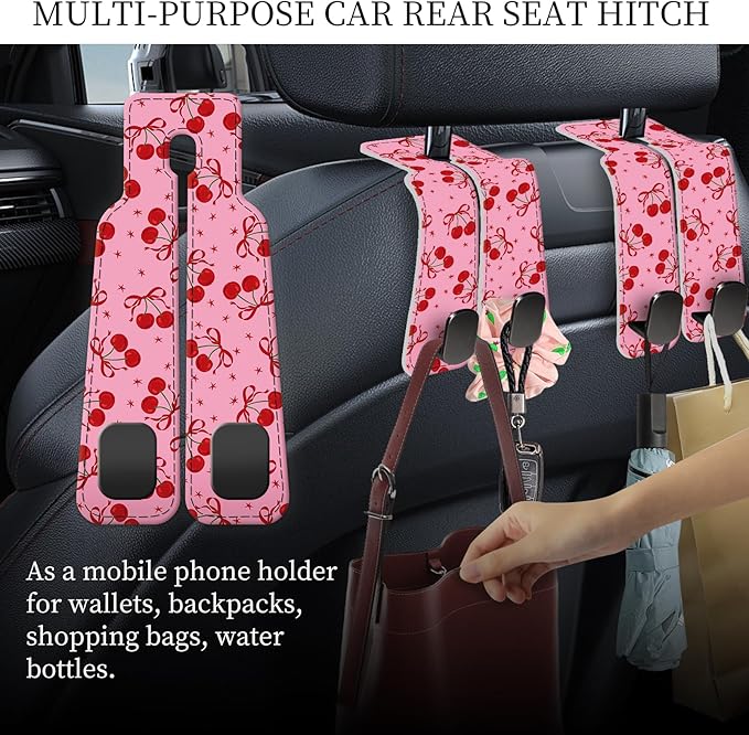 PU Leather Car Seat Hook, Storage Headrest Hanger, Cute Car Backseat Organizer, Car Hooks For Purses and Bags Pink Cherry Print