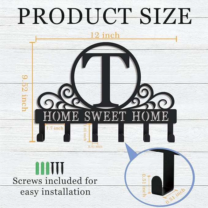 Metal Letter T Key Holder for Wall, Monogram Coat Rack Wall Mount, Key Hooks Perfect for Bathroom, Living Room, Kitchen, Office Ideal Wedding, Anniversary, Housewarming Gift (T)