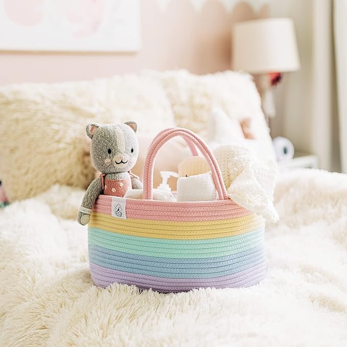 OrganiHaus Pastel Rainbow Nursery Storage Basket, Cotton Rope Toy & Diaper Caddy Organizer with Handles, Baby Diaper Organizer, Foldable Design, Machine Washable, Ideal for Baby Room & Laundry