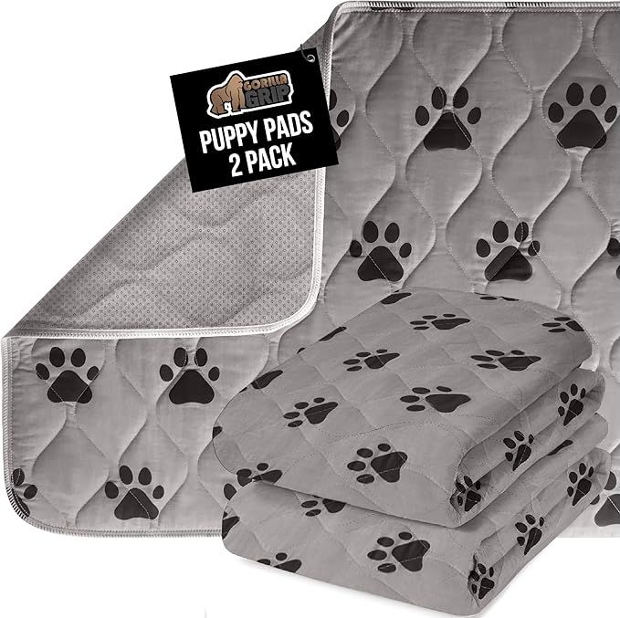 GORILLA GRIP Washable Puppy Pads, 46x28 Pack of 2, Slip Resistant Dog Crate Mat, Waterproof Cloth Pee Pad for Training Puppies in Playpen, Reusable Pet Incontinence Blanket, Protects Sofa, Furniture