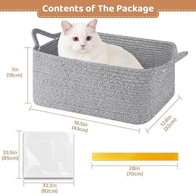 Large Empty Gift Baskets for Baby Shower, 16.5"L x 12.6"W x 7"H Cute Woven Storage Basket with Gift Bags and Ribbons, Small Rope Toy Basket with Handles, Cat Dog Pet Toy Organizer - Grey