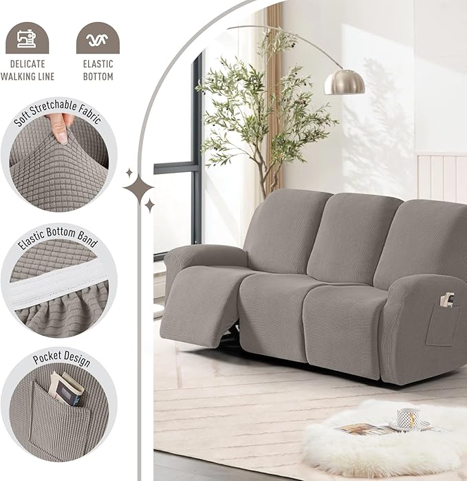 TAOCOCO Recliner Sofa Covers 8-Pieces Stretch Large Couch Covers for 3 Seats Reclining Slipcovers Soft Jacquard Pattern Furniture Protector (Pale Brown)