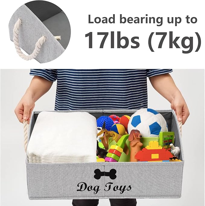 Geyecete Large Dog Toys Storage Bins-Foldable Fabric Trapezoid Organizer Boxes with Weave Rope Handle,Collapsible Basket for Shelves,Dog Apparel(Striped Gray-Dog)