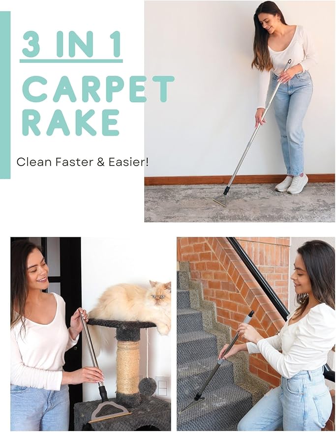 HIMODA Pet Hair Remover for Carpets, Adjustable Long Handle Carpet Rake for Dog Cat Hair Removal, Powerful Carpet Hair Removal Broom, Reusable Large Fur Scraper Tool