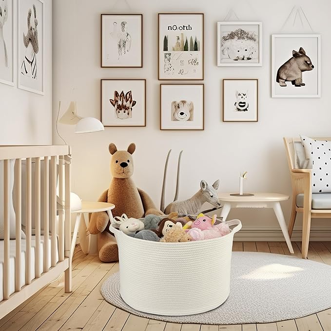 XUANGUO Extra Large Cotton Rope Basket Blankets Basket Living Room 22"x14" Toy Basket for Kids Dogs Rope Storage Basket for Nursery Woven Laundry Basket for Clothes Towels Baby Toy Storage round white