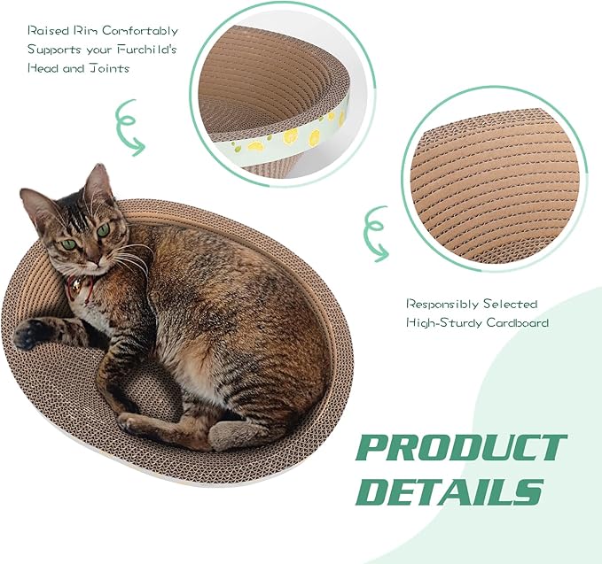 Oval Cat Scratcher Cardboard Couch Bed, Corrugated Cat Scratching Pad for Indoor Cats, Durable Cat Scratch Box Lounger for Furniture Protector (17.3 x 13.6 x 4.5 Inch)