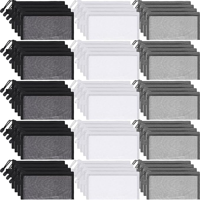 Leelosp 80 Pcs Mesh Zipper Pouch Bulk Back to School Pencil Storage Pouch Mesh Cosmetics Bags Toiletry Makeup Bags for Office Travel Organization(Black, Gray, White,9 x 4.7 Inch)
