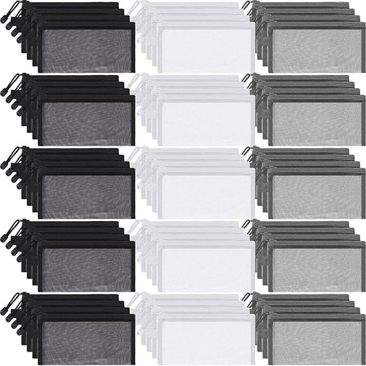 Leelosp 80 Pcs Mesh Zipper Pouch Bulk Back to School Pencil Storage Pouch Mesh Cosmetics Bags Toiletry Makeup Bags for Office Travel Organization(Black, Gray, White,9 x 4.7 Inch)
