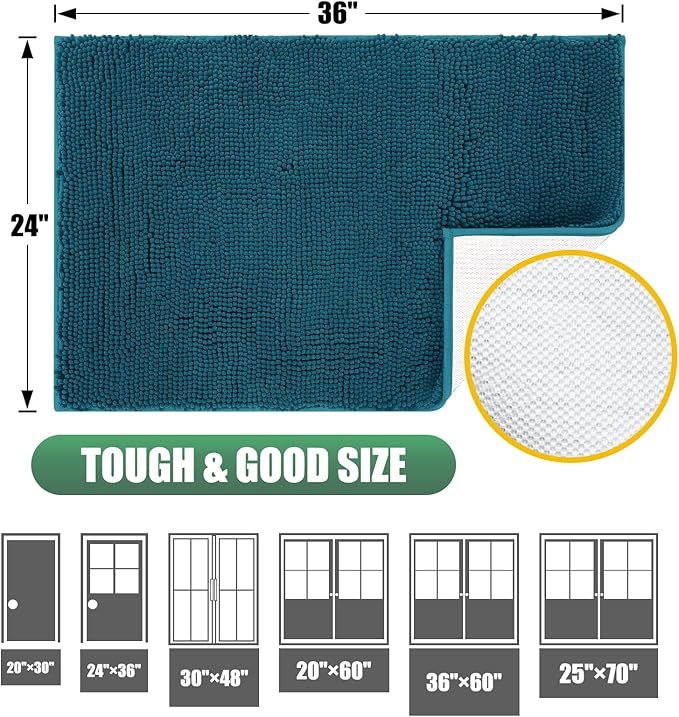 IM HOME Chenille Absorbent Outdoor Doormat 36" x 24", Washable Muddy Door Mats for Dog Non Slip Indoor Doormat Dog Mat for Muddy Paw Front Inside Doormats for Entryway Teal Blue