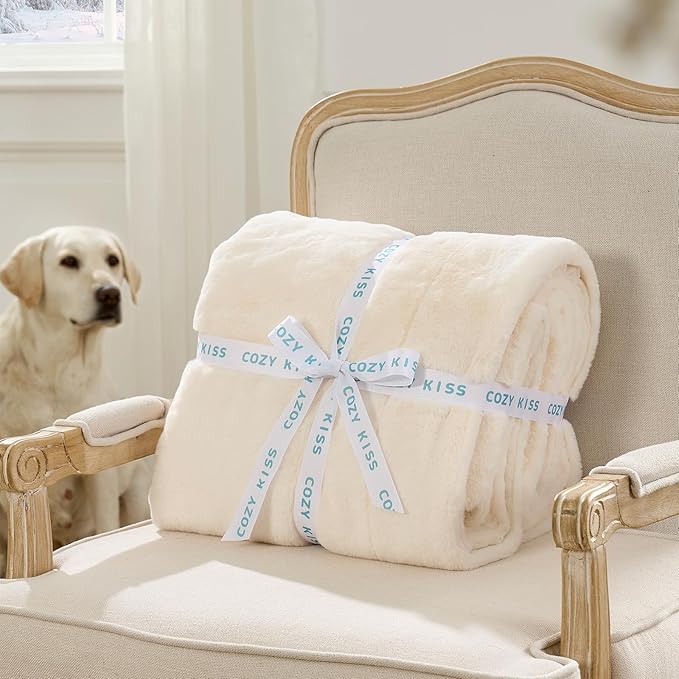 COZY KISS Faux Fur Throw Blanket Twin, Ultra Soft Waterproof Pet Blanket, Cozy Warm Plush Blanket for Bed Sofa Bedroom Living Room, Liquid Pee Proof for Large Dog or Cat, 60x80 inch, Beige