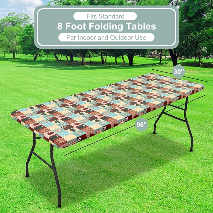misaya Rectangle Vinyl Tablecloth, Fitted Table Cover, 100% Waterproof, Elastic Edge, Flannel Backing, Plastic Table Cloth Fit 8 Foot Folding Tables for Picnic, Outdoor (Patterned Cups, 30x96 inch)
