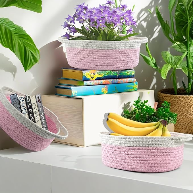 Woven Cotton Rope Storage Baskets with Handles,3-Pack Multi-Use Organizer for Shelves, Wardrobe, Living Room, Bedroom,Toy Storage Empty Gift Basket,Pink Basket