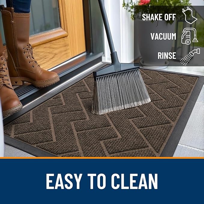 OLANLY Front Door Mat Indoor Outdoor Entrance, Waterproof All-Season, All-Weather Doormat, Sturdy Natural Rubber, Low Profile, Easy Clean Patio Porch Entryway Mat, Herringbone Brick (Brown, 35x23)