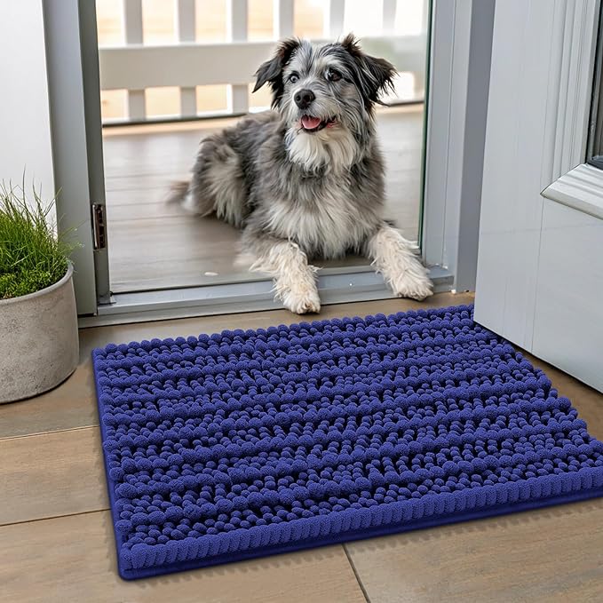 Smiry Dog Door Mat for Muddy Paws 24x16, Extra Soft Absorbent Chenille Doormat, Trap Moisture and Dirt, Non-Slip Machine Washable Front Door Mat for Indoor Entrance Inside Floor, Navy Blue