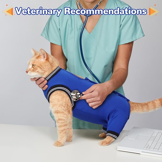 PUMYPOREITY Cat Recovery Suit for Hind Legs, Cat Surgical Spay Suit with Leg Sleeves to Stop Licking, Long Rear Sleeve Wound Cover Abdomen Kitten Onesie, Blue, L