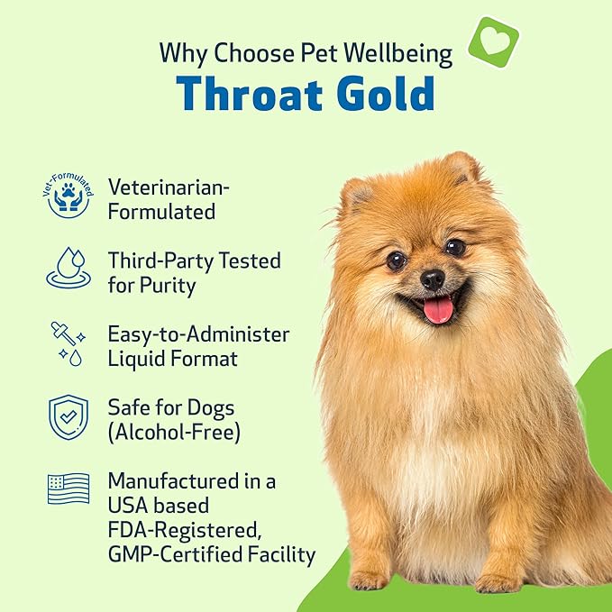 Pet Wellbeing Throat Gold for Dogs - Supports Throat Comfort, Upper Respiratory Health, Slippery Elm, Mullein, Occasional Throat Hoarseness - Veterinarian-Formulated Herbal Supplement 4 oz (118 ml)