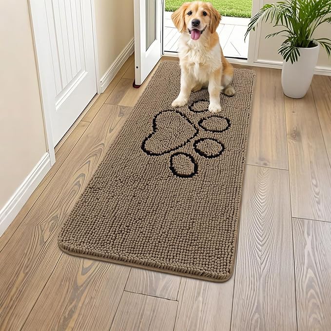 Smiry Dog Door Mat for Muddy Paws, Absorbent Dirt Trapper Non Slip Quick Dry Washable Chenille Mat for Mud Dogs, Entry Rug for Indoor and Outdoor (47x17 Inches, Camel and Black)