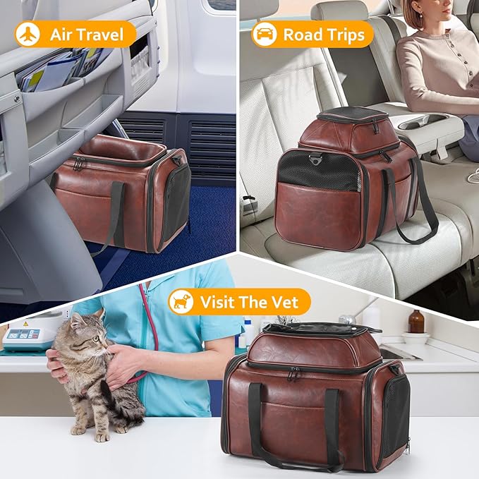 Bosnanller Premium Leather Top Expandable Pet Carrier for Small Dogs & Cats Under 15 lbs, Airline Approved Collapsible Soft-Sided Luxury Travel Bag Coffee