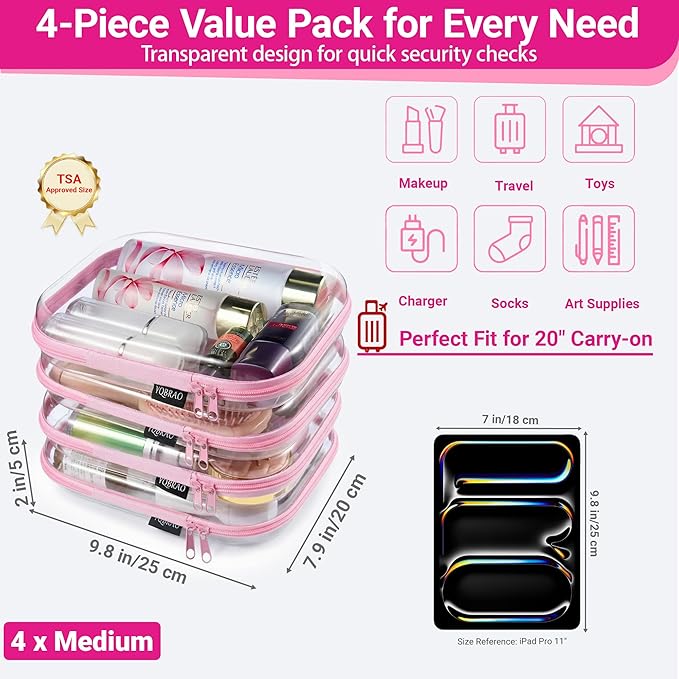 YQBRAO 4-Pack Clear Diaper Bag Organizer Pouches, 1.2mm Ultra-Thick PET Travel Pouches for Toiletries & Makeup, Rigid Self-Standing Bags with YKK Zippers, TSA Approved (Pink)