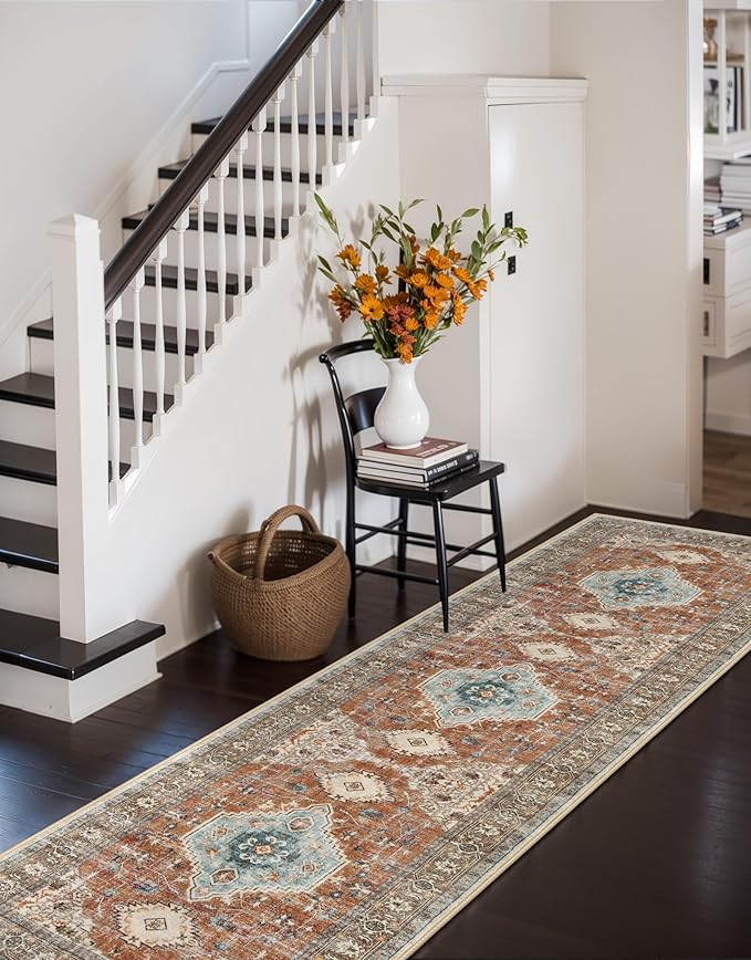 Lahome Oriental Hallway Runner Rug, 2.5x8 Kitchen Runner Non Slip Ultra-Thin, Soft Washable Hallway Rug Non Shedding Long Carpet for Entryway ‎Laundry Room Bathroom Eleanor, Orange/Multi