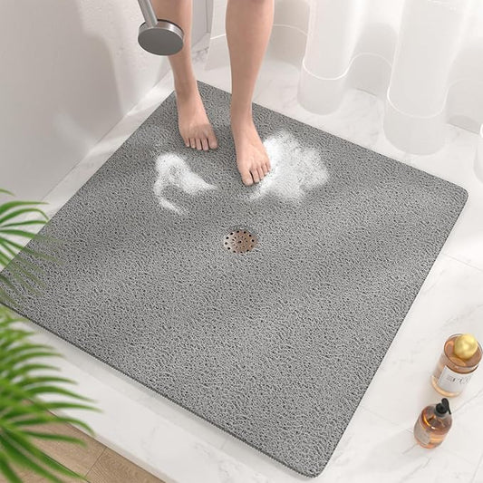 HITSLAM Square Shower Mat, 36 x 36 Inch Non Slip Bath Mat for Tub, Soft PVC Loofah Bathtub Mats with Drain Holes, Quick Drying Bathroom Stall Floor Mat, Bathroom Accessories Without Suction Cup, Grey