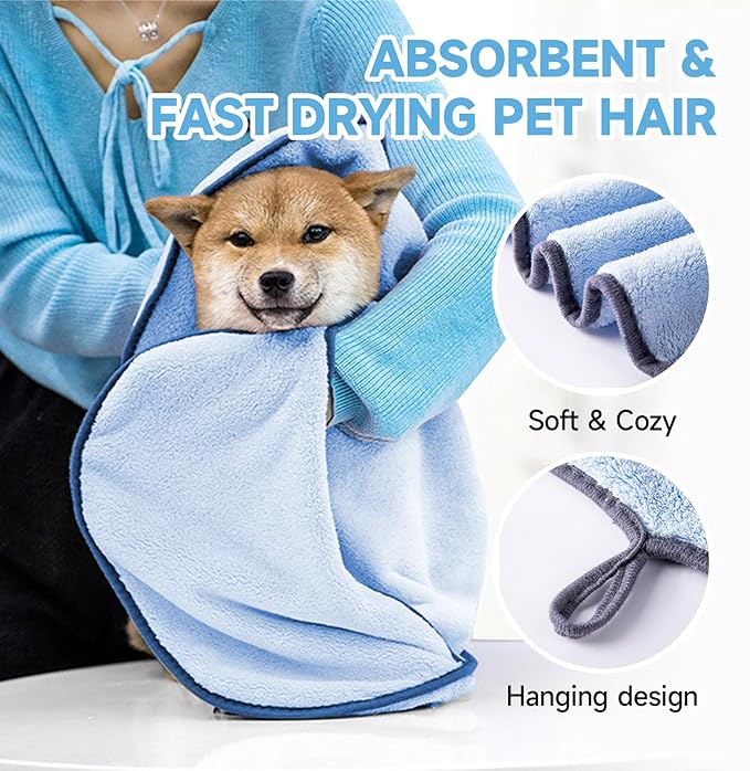 KUEIOX Dog Washing Gloves - Quick Drying Dog Towel,Cat Bath Grooming Gloves Brush with High-Density Teeth for Bathing Massaging，Absorbent Pet Bath Towel 30.3"x13.8" with Hand Pocket for Dog Cat Blue
