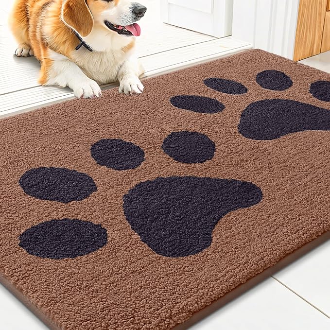 Smiry Dog Door Mat for Muddy Paws, Absorbs Moisture and Dirt, Low-Profile Entryway Mat with Non-Slip Backing, Entry Indoor Outdoor Doormat for Inside Floor (30x20 Inches, Camel and Black, Paw)